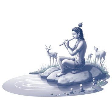 A figure of Krishna is seated on a riverbank, surrounded by lush greenery. He is in a relaxed position with his legs crossed, holding a flute gently to his lips. The flute appears delicately crafted, and his expression is serene as he plays a soft melody. The river beside him flows gently, with ripples creating a tranquil pattern on the surface. Various animals, such as deer and birds, gather nearby, drawn by the soothing sound of the music. Wildflowers dot the riverbank, adding to the serene atmosphere of the scene.