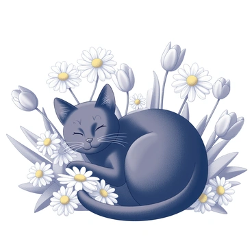 A black cat is curled comfortably among a flower bed. The cat has sleek fur and is partially obscured by an arrangement of flowers. The flower bed is filled with blooming daisies featuring round white petals and yellow centers, as well as tulips with elongated shapes. The flowers create a lush, colorful environment around the cat, adding depth to the scene. The cat's eyes are closed, and it appears peaceful in its resting position.
