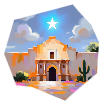 A symbolic illustration features a lone star glowing brightly in the night sky above the Alamo. The Alamo, with its historic stone façade and arched doorways, stands prominently in the foreground. The star casts a subtle light, illuminating the structure and creating soft shadows on the ground. Surrounding the Alamo are hints of cacti and desert vegetation, adding to the setting. The night sky is dotted with faint clouds, enhancing the focus on the star above.