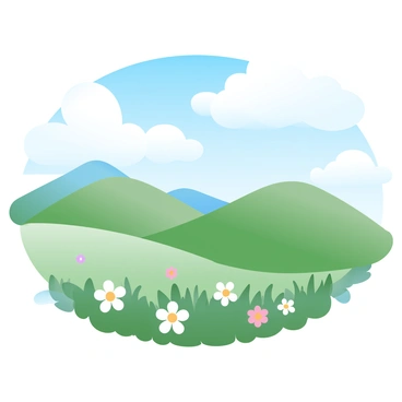 A landscape featuring rolling hills with rounded peaks resembling nipples. The hills are covered in lush green grass, creating a soft texture that contrasts with the bright blue sky above. Fluffy white clouds drift lazily across the sky, adding to the serene atmosphere of the scene. In the foreground, delicate wildflowers in various colors are scattered across the grassy terrain. The overall composition captures the peacefulness of nature in a visually striking manner.