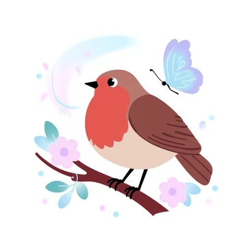 A robin is perched on a branch, its body adorned with vibrant red feathers on its chest. The bird is tilting its head slightly, displaying a sense of curiosity. Nearby, a delicate butterfly with colorful wings is hovering in the air, its wings fluttering gracefully. The background features soft, gradient pastel colors that blend harmoniously, creating a tranquil scene. The robin's eye is focused on the butterfly as it darts from flower to flower. Small blossoms are scattered around, adding charm to the composition.