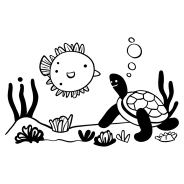 A puffer fish with round, spiny body is floating in an underwater scene, surrounded by corals and seaweed. Nearby, a wise old turtle with a rugged shell is positioned, appearing to share a story. Bubbles are rising from the turtle's mouth, indicating the tale being told. In the background, other sea creatures are gathered around, paying attention to the interaction. The water has a sense of depth, and various marine plants are swaying gently in the current.