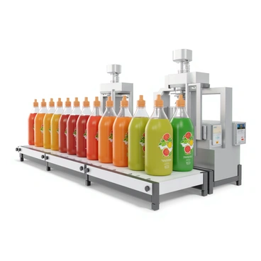 A beverage bottling assembly line featuring a series of vibrant juice bottles in an array of colors, including bright orange, deep red, and refreshing green. The bottles are made of clear glass and have sleek, modern designs with labels that display colorful fruit graphics. The assembly line is bustling with activity, showcasing machines that fill, cap, and label each bottle. There are also conveyor belts transporting the bottles to different stations. The setting is well-lit to emphasize the vivid colors of the juice bottles and the shiny surfaces of the machinery.
