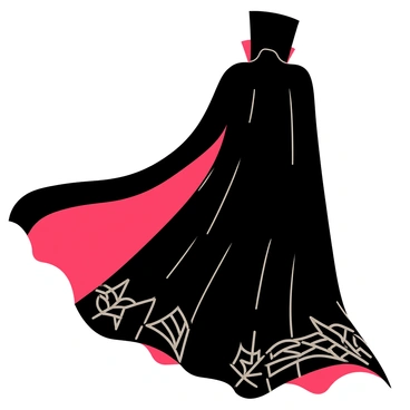 A detailed vampire cloak with a rich, dark red interior and a black exterior. The cloak has an ornate collar that stands tall against the wind. The fabric is heavy and flows elegantly, billowing dramatically as it catches the breeze. The edges of the cloak are adorned with intricate silver embroidery, shimmering subtly. The scene captures the cloak's movement, creating a sense of mystery and allure.
