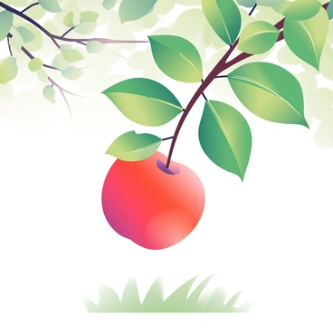 A bright red apple is depicted falling from a tree branch. The apple is glossy and round, showcasing its vibrant color. The branch it is detaching from is covered in lush green leaves, some of which are rustling as the apple falls. In the background, there are additional tree branches and soft sunlight filtering through the leaves, creating dappled light on the ground below. The apple is just inches away from reaching the grass, and a few soft shadows are cast by the branches overhead.