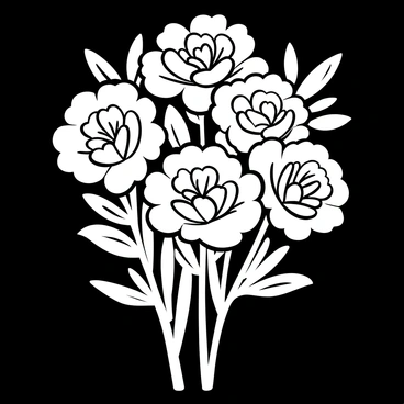 A detailed black-and-white illustration of a bouquet of carnations arranged tightly together. The carnations feature intricate layered petals, each petal delicately outlined to emphasize texture. The bouquet is placed on a blackboard surface, which is smooth and flat, allowing the focus to remain on the flowers. There are several leaves interspersed among the flowers, adding depth to the arrangement. The outline of the bouquet should be well-defined, contrasting with the dark background of the blackboard.