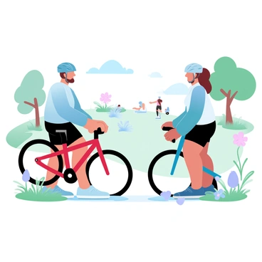 Two cyclists are standing in a park, preparing to exchange their bikes. One cyclist is holding a bright red mountain bike, while the other has a sleek blue road bike. The park is dotted with green grass and colorful flowers, creating a vibrant atmosphere. The cyclists are wearing helmets and athletic clothing in various colors, emphasizing their active lifestyle. In the background, trees provide shade, and other park-goers can be seen enjoying the day.