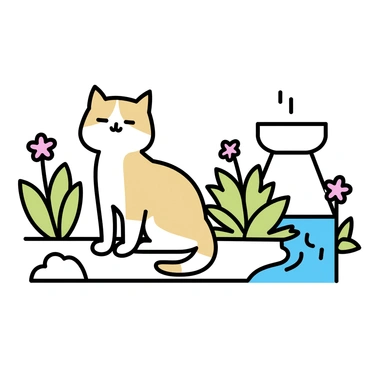 A brown and white cat sitting in a relaxed position on a smooth stone surface in a garden. The cat has its eyes closed, showing a serene expression. Surrounding the cat are various plants and flowers, including green ferns and colorful blossoms. In the background, a small birdbath made of stone is visible, along with a gently flowing stream. The overall composition emphasizes a sense of calm and stillness in the garden setting.