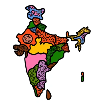 A map of India illustrated with various textile patterns representing different regions. The northern part features intricate paisley designs in vibrant colors, while the western region showcases colorful bandhani and mirror work patterns. The southern area includes traditional kalamkari motifs in earthy tones, and the eastern part presents delicate shantiniketan art. The map's borders are adorned with a series of traditional textile borders, enhancing the visual richness of the artwork. Each region's pattern seamlessly blends into the next, creating a harmonious representation of India's textile heritage.