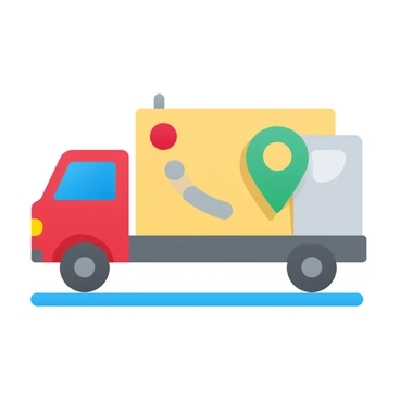 A logistics truck icon with a map and a GPS pin placed next to it.