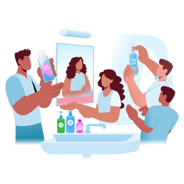 A family is gathered in a well-lit bathroom, each member engaged in their hair care routine. A man with wavy hair is standing next to a sink, applying a thick shampoo labeled "Moisturizing" from a bottle with a blue design. A woman with curly hair is seated on a stool, holding a bottle of "Curly Hair Shampoo" with a vibrant pink label, pouring some into her palm. A teenage girl with straight hair is in front of a large mirror, using a bottle labeled "Volumizing Shampoo" which is designed with a green theme. A young boy is reaching for a colorful bottle labeled "Kids' Shampoo" with cartoon characters on it. Various hair care products are neatly arranged on the sink, showcasing different colors and shapes.
