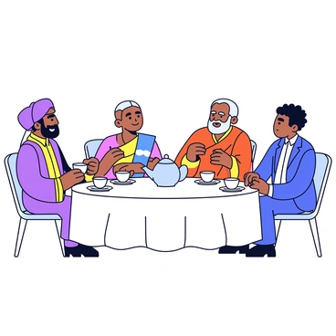 A table set for tea with a white tablecloth and delicate porcelain teacups. Around the table, leaders of different religions are engaged in a friendly conversation. On one side, a man wearing a traditional robe and a turban holds a teacup with a gentle smile. Opposite him, a woman in a colorful sari gestures expressively as she speaks. A monk dressed in orange robes listens attentively, while a man in a suit, representing another faith, leans forward, engaged in the discussion. A teapot sits in the center of the table, surrounded by small plates of pastries. Natural light filters in, creating a warm atmosphere for their gathering.