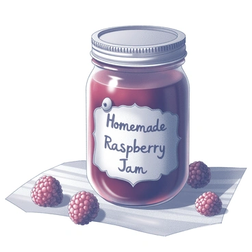 A glass jar filled with homemade raspberry jam with a rustic label