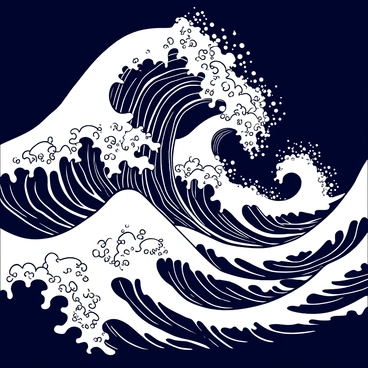 A series of large, crashing ocean waves illustrated in a detailed, dynamic manner. The waves are depicted with intricate froth and splash details. The design is centered on a navy blue t-shirt, emphasizing the contrast between the black-and-white illustration of the waves and the navy blue fabric. The waves vary in size, creating a sense of movement and energy throughout the composition.