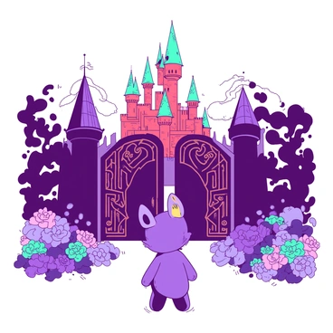 A toyotaro character standing at the gates of an enchanted castle