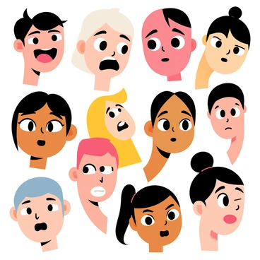 A collage of multiple faces, each showcasing a unique emotion. One face expresses "joy" with a wide smile and bright eyes, while another displays "anger" through furrowed brows and pursed lips. A face demonstrating "surprise" has wide-open eyes and an open mouth. The collage features diverse skin tones and hairstyles to represent a variety of individuals. Each face is distinct and clearly conveys its respective emotion. The overall arrangement forms a vibrant and expressive tapestry of human feelings.
