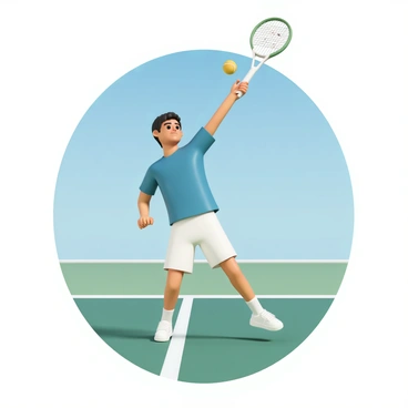 A male tennis player, wearing a blue sports shirt and white shorts, is captured mid-motion while serving the ball. He has short black hair, and his focus is intense as he prepares to hit the ball. The tennis court is vibrant, with a bright green surface and white lines. In the background, a clear blue sky indicates a sunny day, with no clouds visible. The player's strong stance and dynamic movement convey energy and determination as his racket is raised above his head, ready to strike the yellow tennis ball soaring through the air.