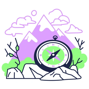 A mountain range looms in the distance, characterized by jagged peaks that rise sharply against the skyline. The mountains are shrouded in mist, with clouds swirling around their summits. In the foreground, a compass lies on a rocky outcrop. Its needle spins erratically, indicating the presence of an unseen force. Sparse vegetation, including hardy shrubs and twisted trees, can be seen clinging to the slopes. The atmosphere conveys an aura of intrigue and enigma, as the mountains seem to beckon adventurers into their depths.