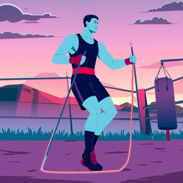 A boxer rapidly skipping rope in an open-air training ground with a sunset backdrop