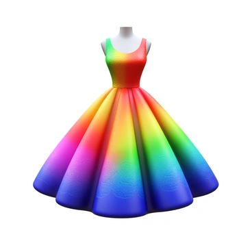 A 3D dress with a flowing design. The fabric of the dress features intricate patterns that catch and refract light, creating a vibrant rainbow effect on its surface. The dress has a fitted bodice that flares out into a full skirt, enhancing the light play across its contours. The colors shift and change as light hits different angles, showcasing a spectrum of reds, oranges, yellows, greens, blues, and purples. The dress is displayed on a mannequin, highlighting its dynamic movement and the stunning visual impact of the light interaction.