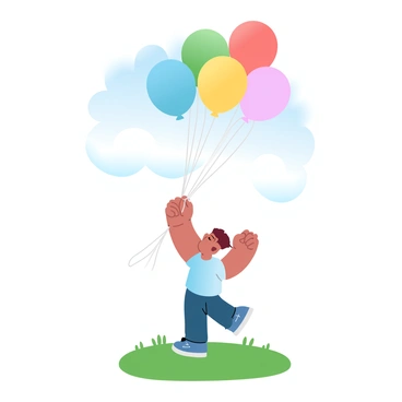 A child wearing a brightly colored shirt is standing on a grassy field. The child is holding a bunch of "colorful balloons," which are floating upward into the sky. The balloons are in various shades of "red, blue, green, yellow, and pink," creating a vibrant display. The background features a clear blue sky with a few fluffy white clouds, enhancing the cheerful atmosphere of the scene. The sunlight casts gentle shadows on the ground, adding depth to the image.