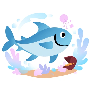 A cartoon tuna fish character is swimming in a vibrant underwater scene filled with colorful coral reefs. The tuna fish has a cheerful appearance, with large fins and a shiny, smooth body. Surrounding the tuna are small, playful sea creatures like starfish and jellyfish, creating a lively atmosphere. Bubbles rise around the fish as it glides gracefully through the water. In the background, there is a sunken treasure chest partially buried in the sand, adding an element of adventure to the scene. The overall color palette consists of gradient pastel colors that enhance the whimsical feel of the illustration.