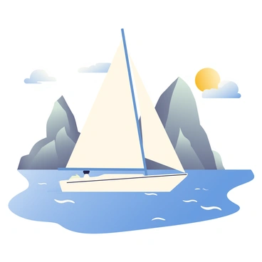 A sailboat with white sails is gliding smoothly over the blue waters near the iconic "Faraglioni" rocks off the coast of Capri. The boat has a sleek hull and is capturing the wind perfectly, creating gentle ripples in the water. The towering "Faraglioni" rocks, with their rugged, natural formations rising dramatically from the sea, are visible in the background. The sky is bright with a few fluffy white clouds scattered above, and the sun casts a warm light on the scene. Small waves are lapping against the hull of the sailboat, adding to the sense of movement and tranquility.