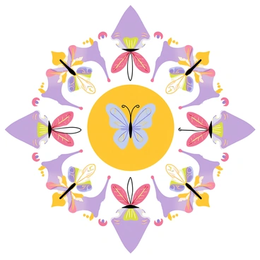 A mandala design featuring a series of symmetrical butterfly shapes arranged in a circular pattern. Each butterfly showcases intricate, detailed wings with various decorative motifs. The background includes repetitive geometric shapes that enhance the overall symmetry of the mandala. The color palette consists of vibrant hues, with contrasting colors accentuating the butterfly designs and surrounding patterns.