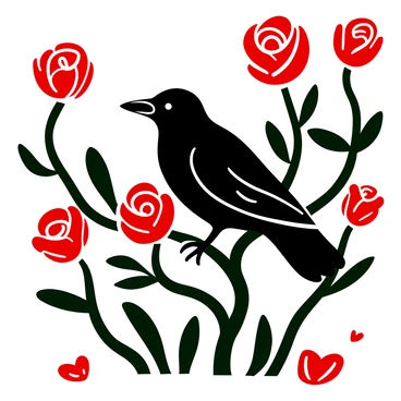 A raven perched on a branch surrounded by blooming roses. The garden is filled with numerous red roses, their petals fully opened. The raven's feathers contrast sharply with the delicate texture of the roses. Twisting green stems and leaves frame the scene, enhancing the natural setting. A soft sprinkling of petals lies on the ground beneath the raven, completing the garden atmosphere.