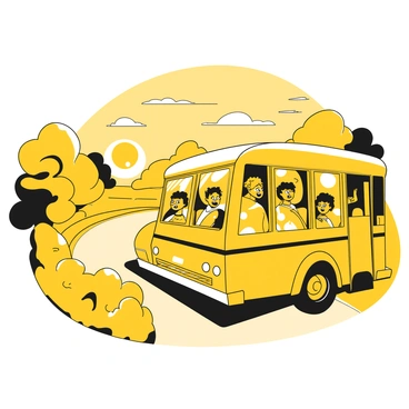 An electric school bus driving along a winding country road. The bus has a modern design with visible features like large windows and a low profile. Inside the bus, several students are seated, some looking out the windows with expressions of excitement. The sun is setting on the horizon, casting a warm glow across the landscape, highlighting the trees and fields alongside the road. The sky is filled with shades of yellow as the day transitions into evening.