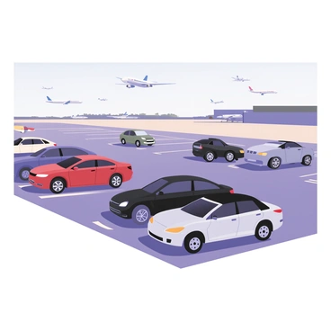 Various rental cars parked neatly in a car rental lot with airplanes in the background