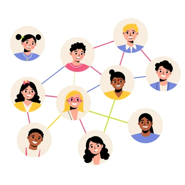 A collage featuring multiple profile pictures of friends arranged in a grid layout. Each profile picture shows a smiling face with various hairstyles and accessories. Colorful lines in shades of blue, red, yellow, and green connect the profile pictures, representing relationships like a social network. The background is a light pastel color to enhance the vibrancy of the images and connections.