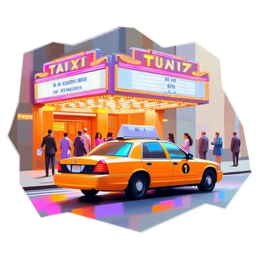 A yellow taxi cab is pulling up to a Broadway theater with a vibrant and illuminated marquee. The theater's marquee displays the title of the current show in large, bold letters surrounded by bright, sparkling lights. The entrance is adorned with decorative awnings and people can be seen standing in line, excitedly waiting to enter. The sidewalk is bustling with theatergoers dressed in elegant attire, some carrying playbills and others chatting animatedly. The city lights reflect off the taxi's polished surface, adding to the lively atmosphere of the scene.