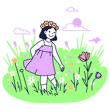 A young girl is standing in a vibrant field filled with tall grass and blooming flowers. She has a crown made of marigold flowers on her head, with the bright blooms contrasting against her hair. The girl is wearing a light dress that gently sways with the breeze. Around her, the field is dotted with various wildflowers, creating a colorful and lively atmosphere. In the background, a clear sky stretches above, adding to the sense of openness and freedom. The girl has a joyful expression as she looks towards the horizon.