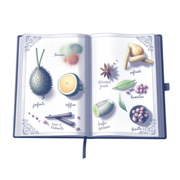 A carnet page with vibrant illustrations of exotic foods and spices from around the world