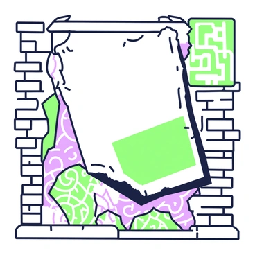 A weathered old poster is peeling from a rough brick wall. The poster shows signs of age, with frayed edges and faded text. Beneath the poster, a vibrant mural is partially visible, depicting abstract shapes and swirling patterns. The mural features intricate designs, with a mix of lines and forms that create a dynamic visual contrast to the drab texture of the brick wall. Some bricks are exposed, adding to the scene's rustic charm, while the surrounding area shows remnants of additional posters layered in the background.