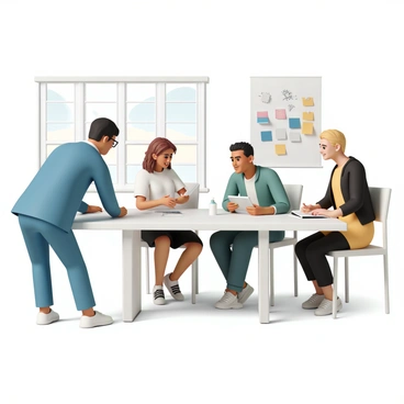 A diverse group of characters is gathered around a large, rectangular table in a modern office setting. There are four individuals: a man with short black hair, wearing a blue suit and glasses, is leaning forward, actively engaging in the discussion. A woman with long brown hair, dressed in a white blouse and black skirt, is taking notes on a tablet. Beside her, a man with curly red hair, wearing a green shirt and dark jeans, is gesturing with his hands as he shares his ideas. Finally, a woman with short blonde hair, wearing a yellow dress and a black cardigan, is smiling and nodding in agreement. The office has large windows with natural light streaming in, and there are colorful post-it notes and a whiteboard filled with ideas in the background.