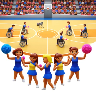 A group of cheerleaders in colorful uniforms performing energetic routines on the sidelines. The cheerleaders are holding pom-poms and smiling as they engage the crowd. In the background, a wheelchair basketball game is taking place on a polished wooden court. Players in wheelchairs are actively competing, showcasing their skills as they maneuver around the court. The atmosphere is lively, filled with excitement from both the game and the performance.