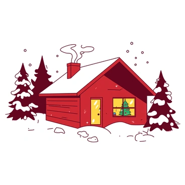 A red mountain cabin is nestled among snow-covered trees. The cabin has a wooden exterior with a sloped roof and smoke gently rising from the chimney. Through a window, a beautifully decorated Christmas tree is visible, adorned with colorful ornaments and twinkling lights. The cabin's warm glow emits a sense of warmth and comfort against the cold winter landscape outside. Snowflakes gently fall, adding to the picturesque scene.