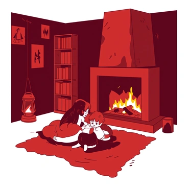 A red fireplace crackles warmly in a dimly lit room. A family of four is huddled together on a large, comfortable brown rug in front of the fireplace. The parents and two children are sitting close, their faces illuminated by the orange glow of the flames. The children are listening intently, their eyes wide with curiosity. The walls around them are adorned with various folk art pieces, casting flickering shadows that dance and move as the firelight shifts. A tall bookshelf filled with books stands in one corner, while an old-fashioned lantern hangs from the ceiling, providing additional soft light. The atmosphere is cozy, with a sense of mystery surrounding the stories being told.