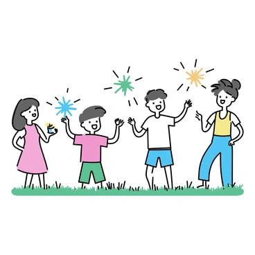 A family of four is gathered in their backyard, engaged in a playful celebration. The father, wearing a white t-shirt and blue shorts, is in the center, surrounded by his children. The son, dressed in a red t-shirt and green shorts, is holding a handful of bright blue colored powder, ready to throw it. The daughter, in a pink dress, giggles as she prepares her own packet of orange powder. The mother, wearing a yellow tank top and denim jeans, is laughing while releasing a cloud of green powder into the air. The grass is green and the sun is shining brightly, creating a lively atmosphere filled with joy and color.