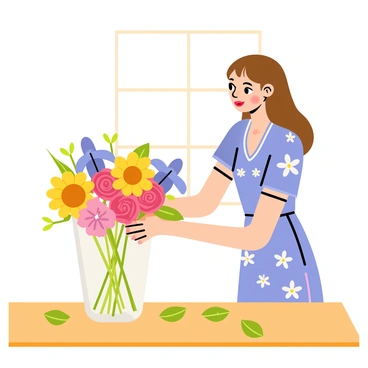 A woman with long brown hair is standing at a wooden table, carefully arranging a bouquet of colorful flowers in a clear glass vase. The bouquet includes bright yellow sunflowers, pink roses, and purple irises, creating a vibrant mix. The woman is wearing a light blue dress with floral patterns. Several green leaves are scattered around the table, and the background features a sunny window with light streaming in, casting soft shadows on the surface.