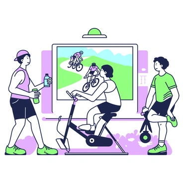 A group of four friends is gathered around a spin bike, focused on a cycling race being broadcast on a television screen in front of them. Two friends are standing, one wearing a blue tank top and the other in a green t-shirt, both with excited expressions. The third friend, seated on the spin bike, is wearing black shorts and is pedaling while watching the race intently. The fourth friend, leaning against a wall, is holding a bottle of water and wearing a red baseball cap. The TV screen displays a vibrant cycling scene with cyclists racing on a winding road in a scenic landscape. The room has bright lighting and a few gym accessories scattered around.