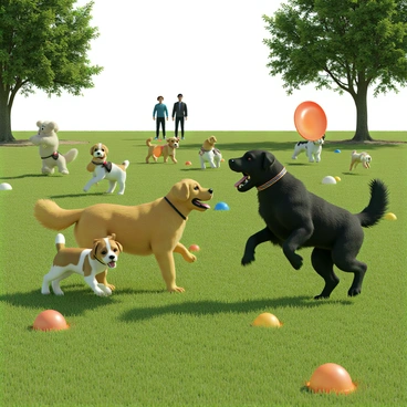 A variety of dogs of different breeds and sizes are playing and chasing each other in a lively dog park. There is a golden retriever with a shiny coat running joyfully, while a small beagle joyfully bounces alongside it. A black Labrador is leaping in the air, trying to catch a bright red frisbee. The grassy area is dotted with colorful toys and a few trees providing shade. In the background, a couple of people are watching and smiling as they enjoy the cheerful scene.