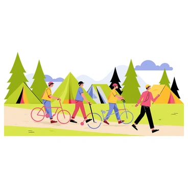 A group of four people walking their bikes along a dirt path in a campsite. Each person is dressed in casual outdoor clothing, with helmets on. The bikes are various colors, including red and blue. In the background, there are several tents set up, ranging in colors from green to yellow, surrounded by tall trees and patches of grass. A clear blue sky can be seen above, adding to the outdoor atmosphere.