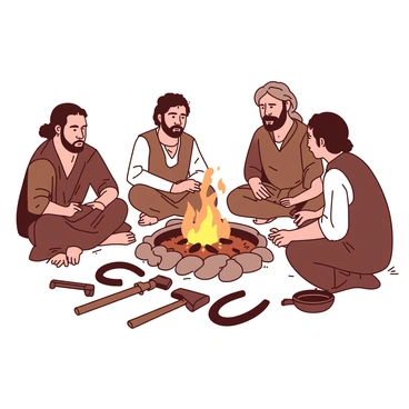 A group of villagers is gathered around a central fire pit, engaged in animated discussion. The fire pit is surrounded by smooth stones, with flames flickering and casting a warm glow on the faces of the villagers. There are five villagers of diverse appearances; one has long brown hair, while another has a short beard. They are dressed in simple, earthy-toned clothing, and some have tools like hammers and tongs resting nearby. An assortment of iron products, including horseshoes and tools, is displayed around the pit to enhance the conversation. The atmosphere is lively and focused, as the villagers share their knowledge and opinions about ironwork.