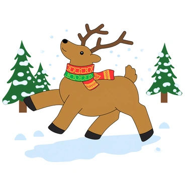 A cute elch with large antlers is frolicking playfully in a snowy landscape. The elch has a shiny brown coat with a soft texture. Around its neck, it wears a colorful knitted scarf featuring bright patterns of red, green, and yellow. Snowflakes are gently falling from the sky, and the ground is covered in a thick layer of white snow. In the background, there are a few tall evergreen trees dusted with snow. The elch looks joyful as it jumps and kicks up snow with its hooves.