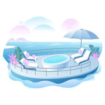 A luxurious yacht is anchored gently on the water, showcasing a spacious deck that features a large hot tub filled with clear, sparkling water. The deck is surrounded by elegant lounge chairs, each adorned with plush cushions. In the background, the vast ocean stretches out to the horizon, with gentle waves lapping against the yacht's hull. The sun casts warm, soft light over the scene, enhancing the tranquil atmosphere. Elegant railings outline the deck, and several tropical plants are arranged tastefully around the area. A large umbrella stands nearby, providing shade for those relaxing in the lounge chairs.