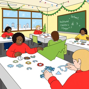 A colorful classroom filled with children engaged in making holiday-themed crafts and decorations. Several children with diverse skin tones are sitting at large tables covered in white paper and art supplies. One child with curly black hair is cutting out paper snowflakes, while another child with straight brown hair is gluing colorful sequins onto a construction paper ornament. A third child with short blond hair is shaping a green paper into a Christmas tree. Holiday decorations hang from the ceiling, including strings of colorful lights and paper garlands. A chalkboard at the front of the room is adorned with drawings of snowmen and festive greetings. The atmosphere is lively and cheerful as the children share their creations.