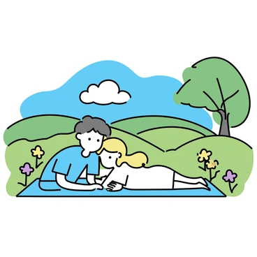 A couple is lying on a blanket in a lush green field. The man has short brown hair and is wearing a light blue shirt, while the woman has long blonde hair and is dressed in a white dress. They are spooning closely together, with the woman's head resting on the man's shoulder. Surrounding them are gently swaying wildflowers in shades of yellow and purple. In the background, rolling hills stretch under a clear blue sky, with fluffy white clouds drifting lazily by. A small tree provides a bit of shade, adding to the peaceful atmosphere of the scene.